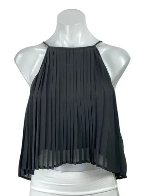 Mia Women's Black Pleated Sleeveless Halter Neck Crop Cami Camisole Tank Top 10 thumbnail 1