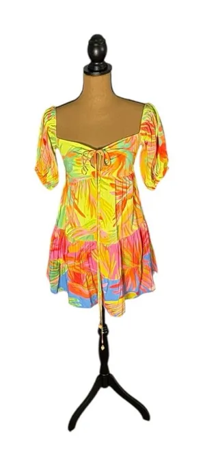Farm Rio Tropical Print Puff Sleave Mini Dress XS Resort Vacation Sundress thumbnail 1