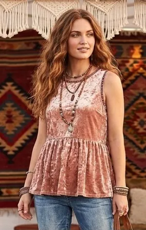 Knox Rose Blush Mauve Crushed Velvet Babydoll Peplum Top Boho Sleeveless M thumbnail 1