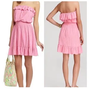 Lilly Pulitzer Tube Dress Medium Pink Ruffle Smocked Polka Dot‎ Strapless Cotton thumbnail 2