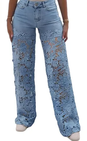 🆕 CHICME | VIRAL Floral Lace-Spliced High Waist Wide-Leg Jeans | Size Large thumbnail 1