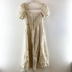 O.P.T Square Neck Short Puff Sleeve Floral Cotton Lined Midi Dress Cream Large thumbnail 5