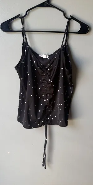 Pink Rose Black Star Print Satin Cami Tank Top Ruched Adjustable Front Tie Women’s M thumbnail 1