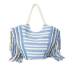 Boho Macrame Stripe Fringe Woven Southwestern Rope Handles Beach Open Tote Bag thumbnail 1