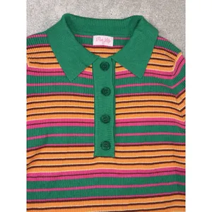 pink lily‎ striped collared ribbed long sleeve bright green pink M thumbnail 2