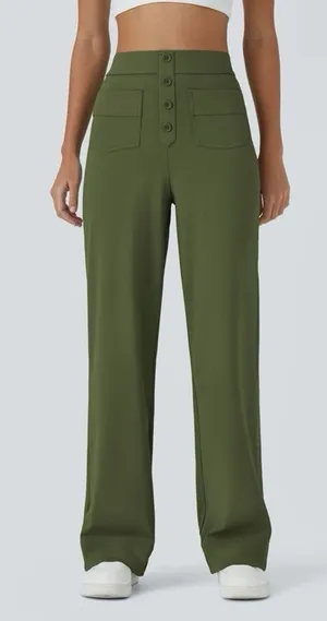 Halara Womens Day Stretch High Waisted Straight Leg Pants Sz M Green Pull On thumbnail 1