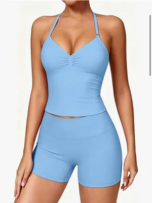 Amazon Like blue halter crop top and shorts set gym set #halter #matching it’s brand new ! SIZE L thumbnail 3
