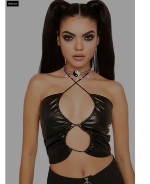 Pretty Garbage Hater Vegan Faux Leather Ruched Crop Top Black Woman's Small NWT! thumbnail 1