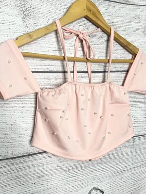 Pink Pearl Two-Piece Set Embellished Off Shoulder Crop Top & Shorts Size Small thumbnail 6
