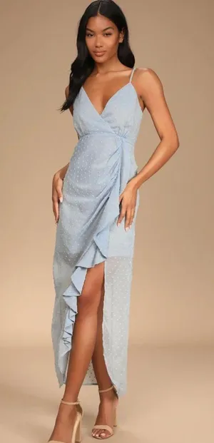 Lulus For Us To Dance Powder Blue Swiss Dot Ruffled Midi Dress thumbnail 1