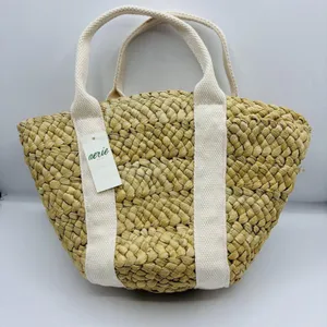 Aerie Tan Straw Handbag New Drawstring Lined Summer Beach Tropical Vacation thumbnail 3