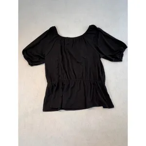 Nine West Womens XL Mineral Black Square Neck Puff Sleeve Smocked Peplum Top NEW thumbnail 2