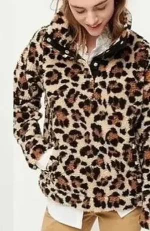 J.Crew Vintage Fleece Leopard Print Faux Fur Jacket Brown Tan Black Womens L thumbnail 1