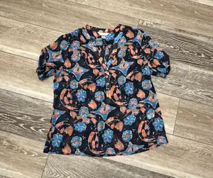Christopher & Banks Sz M Sheer Floral Blouse Navy Blues Pinks White thumbnail 4