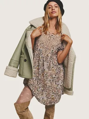 Free People Margot Ivory Printed Mini Dress with Lace Trim Size Extra Small $168 thumbnail 1
