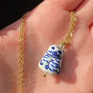 ceramic cute cat boho retro vintage style necklace🐈🩵 thumbnail 3