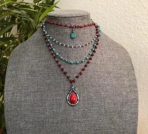 Y2K Whimsygoth Red turquoise jewel beaded 4-layered necklace jewelry vampy #boho #indie #hippie #festival #western thumbnail 1