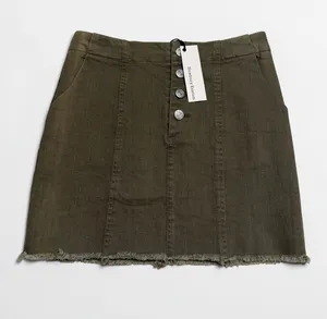 Newbury Kustom Olive Green‎ Button-Front Frayed Hem Denim Mini Skirt - Small thumbnail 1