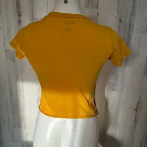 On Fire Mustard Yellow Crop Top Womens Small Side Racing Stripes Retro Crew Neck thumbnail 3