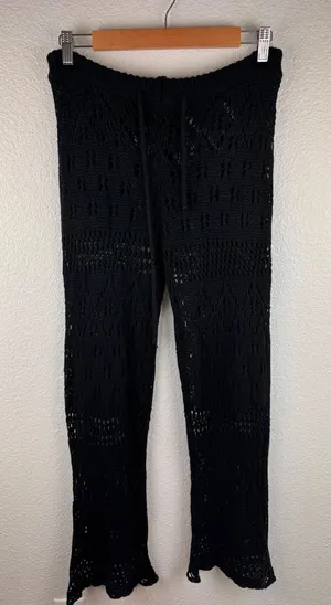 Black Crochet Knit Wide Leg Pants Cover Up Drawstring‎ Beach Boho Size M Resort thumbnail 1