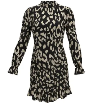 YOZY Women Leopard Print Mock Neck Ruched Ruffle Mini Dress Black Cream Small thumbnail 1