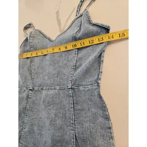 Iris Acid Wash Denim Mini Dress Spaghetti Strap V Neck Zip Back Women Size M Y2K thumbnail 8