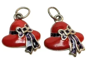 Red Hat Charm Earrings With Purple Bow Accents Vintage Style Enamel & Metal Desi thumbnail 1