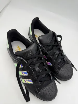 adidas Black Superstar Sneakers with Iridescent Stripes Size 7.5 thumbnail 6