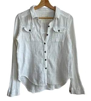 We The Free Gauze Button Down Shirt Medium White Womens Cotton Boho Top FLAW thumbnail 1