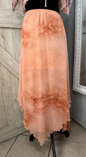 Boho Hand-Dyed Asymmetrical fairy Hem Maxi Skirt - Sunset Orange/Coral thumbnail 1