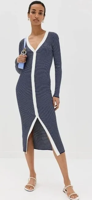 NWT!! STAUD Shoko Stripe Long Sleeve Sweater Dress Navy Blue White Striped Large thumbnail 1