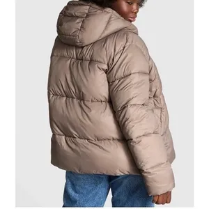 Victoria's Secret PINK Marshmallow Puffer Jacket Taupe Hooded Coat Large thumbnail 2