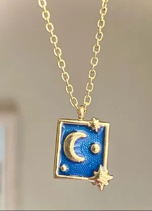 Handmade gold stainless steel blue celestial whimsical chic moon necklace🌟 thumbnail 1