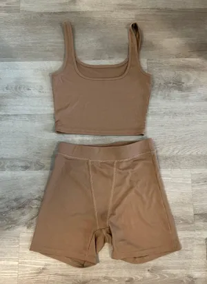 Two piece workout pajama lounge set tank and biker shorts briefs thumbnail 1