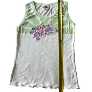 Y2K Harley Davidson Women’s S Lettuce Hem Tank Top Pastel‎ Green Retro Preppy thumbnail 4