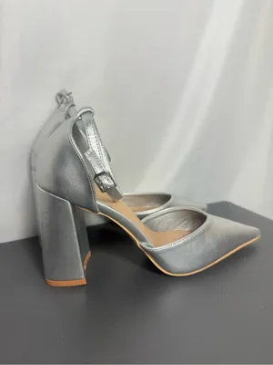 Silver Pointed-Toe wedding party elegant Block Heel Ankle Strap Pump Size 39 thumbnail 5