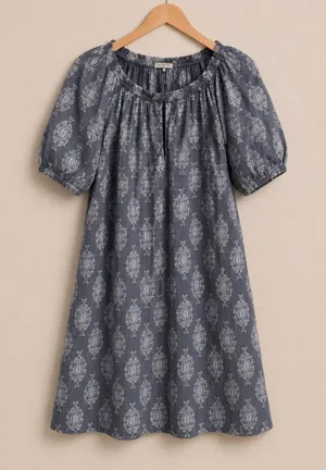 Wonderly Womens Blue‎ Medallion Cotton Gauze Peasant Mini Dress M Puff Sleeve thumbnail 1