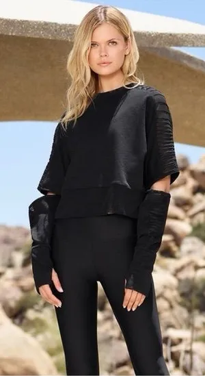 Alo Yoga Womens Trend Long Split Sleeve Top mesh Cropped Large thumbnail 1