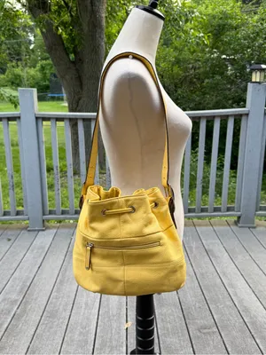 Tignanello Yellow Genuine Leather Bucket Bag Drawstring Shoulder Purse thumbnail 5