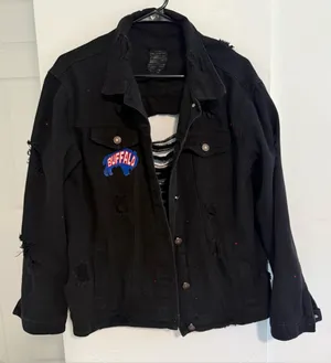 National Football League Buffalo Bills bedazzled Black Distressed Denim Jacket thumbnail 1