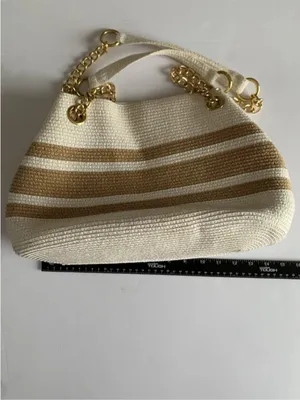 Straw Beach Tote Bag Woven Raffia White Tan Gold Chain Coastal Resort Purse thumbnail 8