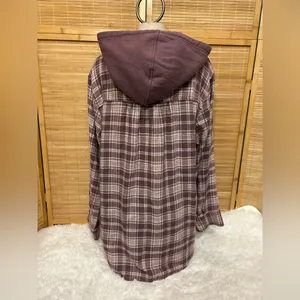 American Eagle purple cream plaid hoodie button-down flannel shirt top woman’s L thumbnail 5