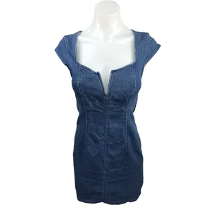 Free People Denim Jean Lia Split Neck Cap Sleeve Stretch Mini Bodycon Dress XS thumbnail 5