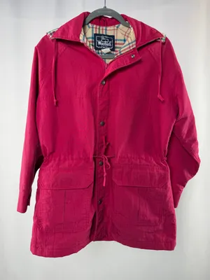 Vintage Woolrich Plaid Wool Lined‎ Hooded Utility Jacket in Magenta Size Small thumbnail 1