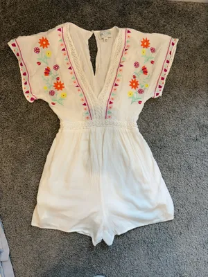 Jun & Ivy White Embroidered V-Neck Romper with Floral Trim thumbnail 2