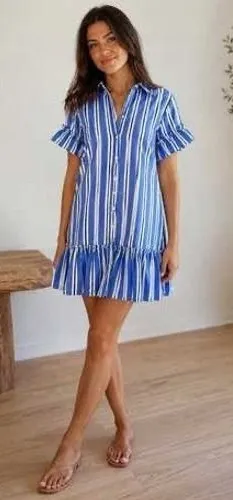 J Crew Amelia Shirt Dress Women 0 Blue White Striped Ruffle Hem Preppy Nautical thumbnail 1