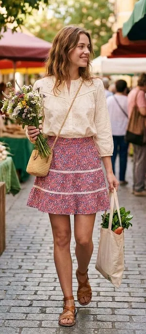 J. Crew Smocked Tiered Floral Mini Skirt – Red & Blue Summer Cotton (S) thumbnail 1