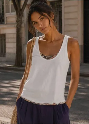 Burberry Brit Check Trim Stretch Cotton Jersey Knit White Tank Top Size L thumbnail 1