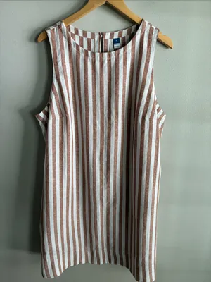 Old Navy Linen Blend Striped Shift Dress XL Tan White Sleeveless Mini thumbnail 2