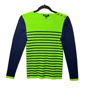 Lauren Ralph Lauren Lime Green Navy Striped Ribbed Sweater Gold Button L‎ thumbnail 1